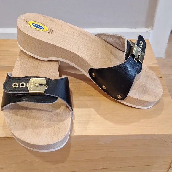 Nearly new vtg Dr Scholls original Black Leather Wood sz 7 - Picture 3 of 12